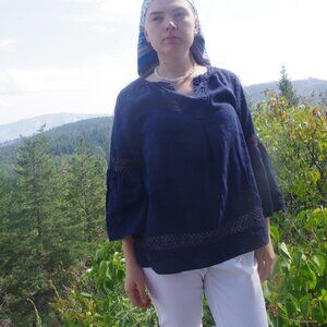 Ladies 100% Linen Blouse Navy Color